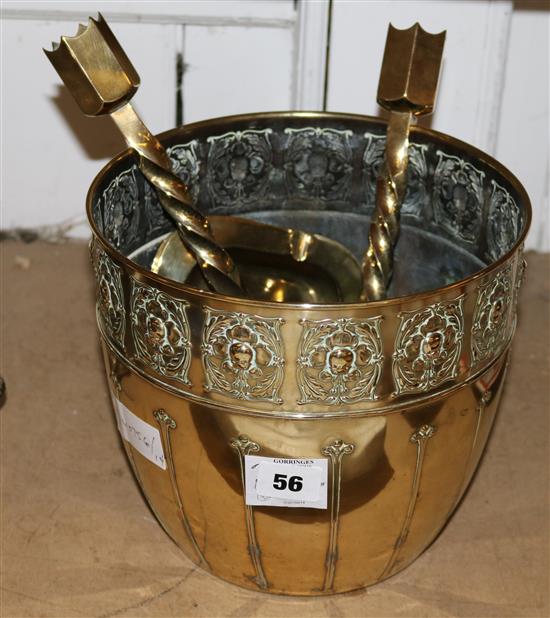 Brass jardinere pair of candlesticks etc
